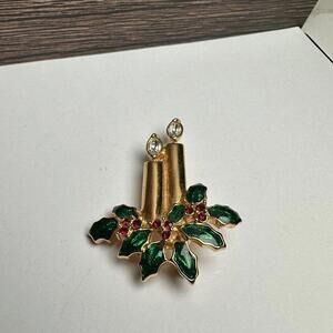 Monet Rhinestone Holly Berry Candlesticks Christmas Brooch Pin Gold Tone/Enamel